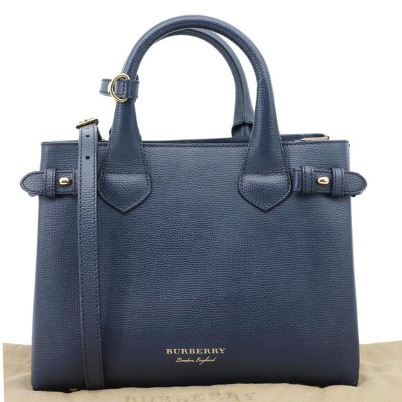 Burberry  Banner Small House Check Leather Tote Bag Navy Blue - Picture 2 of 12